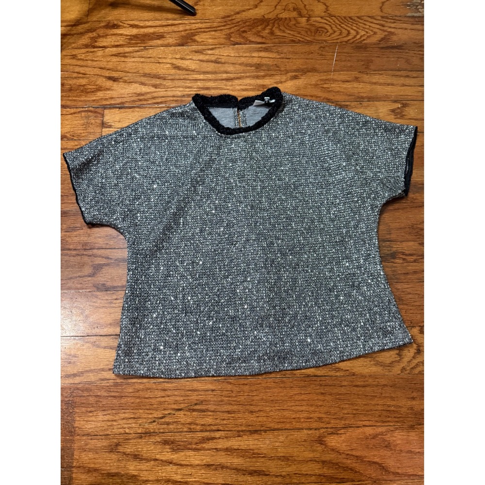 Waverly Grey Libera Metallic Silver Tweed Knit Top Black Fur Trim Small‎